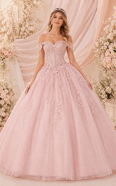 Vestido de gala de lujo Rose Princess Blush, largo hasta el suelo, con hombros descubiertos y manga corta, de tul, para quinceañera.