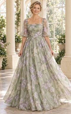 Vestido de recepción formal de organza con estampado floral verde salvia, largo hasta el suelo, escote cuadrado y mangas abullonadas, corte en A.
