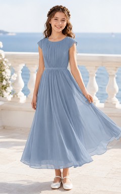 Schieferblaues Brautjungfernkleid in A-Linie, wadenlang, mit kurzen Ärmeln und Faltenrock, romantisch