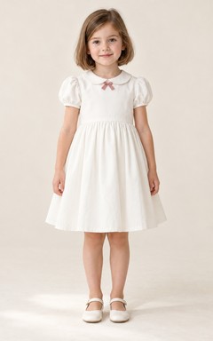 Vintage Modest White Knee Length Broad Collar Pointed Bow Puff Sleeve Flower Girl Dress