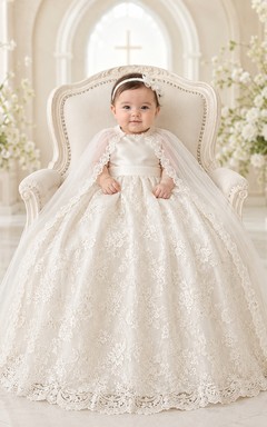Vestido modesto para ceremonia de bautizo de bebé, corte en A, largo hasta el suelo, cuello joya, manga larga, tul, encaje, capa desmontable, espalda abotonada.