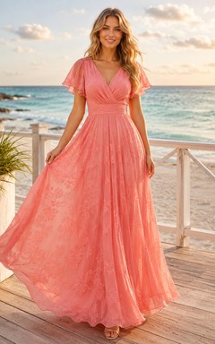 Korallenfarbenes Hochzeitsgastkleid am Meer, A-Linie, Chiffon, V-Ausschnitt, kurze Ärmel, bodenlang, Seitenschlitz