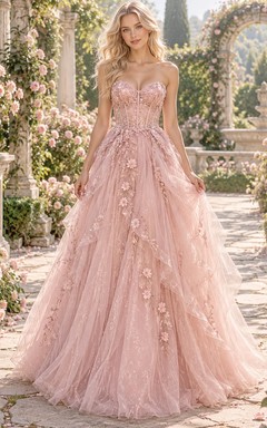 Fairy Blush Strapless Sweetheart Floral Applique Tulle A-line Evening Gown