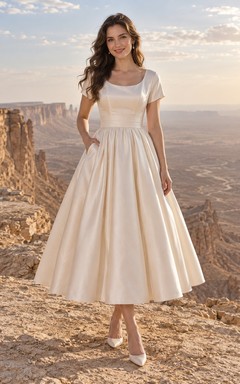 Vestido de novia sencillo de satén fruncido, largo hasta la rodilla, con escote redondo y mangas cortas.