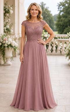 MOB-Kleid aus altrosafarbenem Chiffon mit Spitze, A-Linie, kurzen Ärmeln, Rundhalsausschnitt, bodenlang