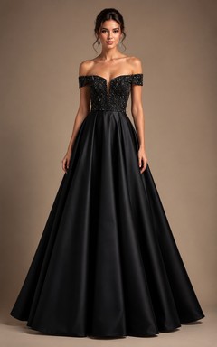 Black Tie Gala Dress with Crystal Beaded Bodice Off Shoulder A-Line Gown