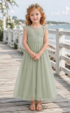 Blumenmädchenkleid aus salbeigrünem Chiffon, A-Linie, V-Ausschnitt, bodenlang, mit Schärpendetails
