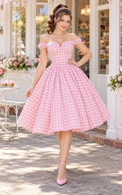 Vintage Candy Pink Gingham Off Shoulder Pleated Swing Cocktail Dress