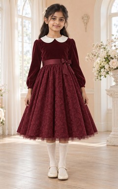 Tea-length Long Sleeve Vintage Burgundy A-Line Velvet Lace-Skirt Peter-Pan-Collar Flowergirl Dress