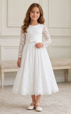 White Lace High Neck Illusion Long Sleeve Ankle-Length Flowergirl Dress