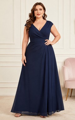 Dark Navy Plus Size V-neck Short Sleeve Chiffon A-Line Floor-length Formal Gown