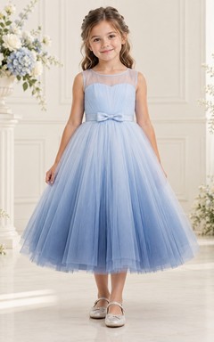 Sky Blue Sleeveless Sweetheart Illusion Pleated Tea-length A-Line Ombre Tulle Satin Bow Flowergirl Dress
