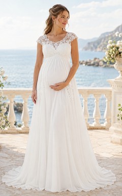 Vestido de novia de encaje estilo barco, corte imperio, para playa, estilo modesto, estilo Imperio.