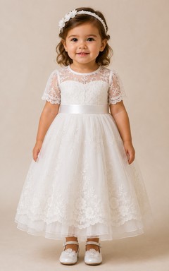 Vestido de bautizo para bebé, estilo modesto, corte en A, manga corta, tul, encaje, largo midi, con lazo en la faja, color blanco.