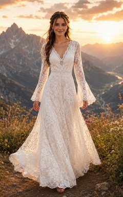 Robe de mariée bohème à manches cloche et col en V en dentelle pour une escapade à la montagne