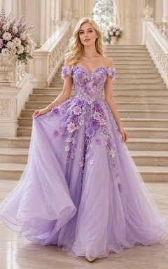 Lavendelfarbenes schulterfreies Ballkleid mit 3D-Blumenmuster