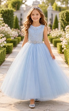 Vestido de niña de las flores azul cielo, encaje, tul, corte en A, cuello joya, largo hasta la rodilla