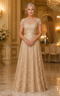 Champagnerfarbenes Pailletten-Spitzenkleid in A-Linie mit Illusionsausschnitt