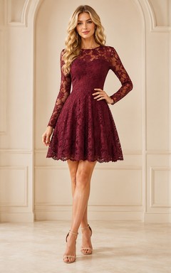 Weinrotes, hochgeschlossenes A-Linien-Cocktailkleid mit langen Ärmeln und Spitze, kurzes Kleid für den Homecoming-Ball