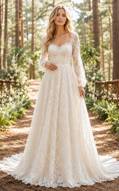 Long Sleeve Lace A Line Forest Ceremony Bridal Gown