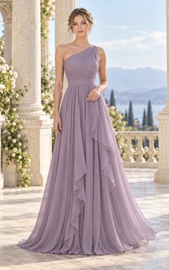 Ethereal Mauve One-Shoulder Ruched Ruffle Chiffon A-Line Long Bridesmaid Dress