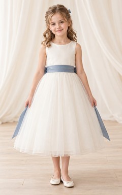 Tea-length Simple Ivory A-line Tulle Sleeveless Blue-sash Bow-back Flower Girl Dress