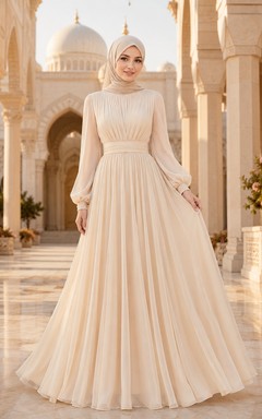 Vestido de novia musulmán modesto de gasa plisada de corte A con cuello alto