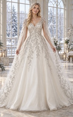 Vestido de novia de invierno con escote en V, capa transparente plateada con cuentas y corte en A