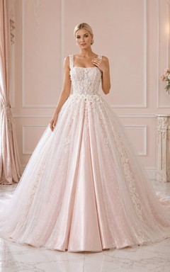 Schlichtes Brautkleid aus Satin in A-Linie mit eckigem Ausschnitt, Spaghettiträgern und Schleppe in zartem Rosa