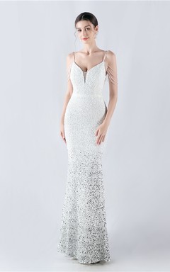 Velvet-Bottom Gradient Sequined Sexy Beaded Suspender Evening Dress