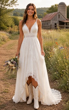 Spaghetti Strap High-Low Lace Country Wedding Dress with Low Back and Train