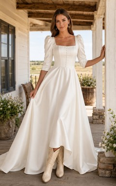 Country Square Neck Long Sleeve Satin A-Line Wedding Dress