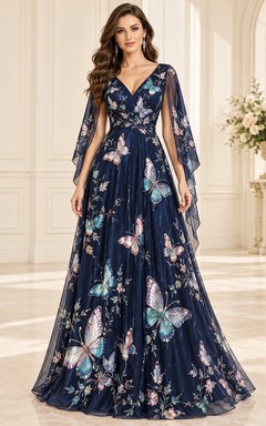 Abendkleid mit V-Ausschnitt, dunkelblauem Schmetterlings- und Blumenmuster