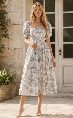 Vestido midi azul con mangas abullonadas y escote cuadrado
