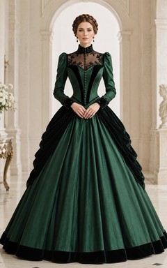 Dark Green Victorian Illusion Long Sleeve Lace Ball Gown Dress