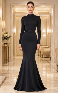 Modest Black High Neck Long Sleeve Crepe Mermaid Floor-Length Evening Gown