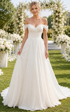 Strandhochzeitskleid aus Chiffon und Tüll, A-Linie, schulterfrei, mit Schleppe