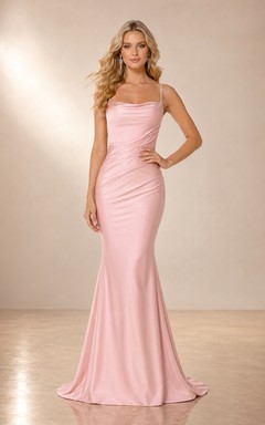 Abendkleid aus rosafarbenem Satin mit Wasserfallausschnitt und Meerjungfrauen-Stil