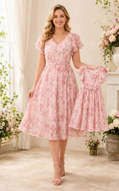 Rosa geblümtes A-Linien-Kleid mit V-Ausschnitt, flatternden Ärmeln und Teelänge – ideal für Mütter