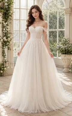 Off Shoulder Tulle A-Line Wedding Dress with Corset Bodice