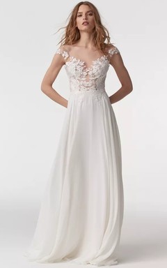 Chiffon Empire Off-the-shoulder Sheath Floor-length Low-v Back Wedding Dress with Lace Top