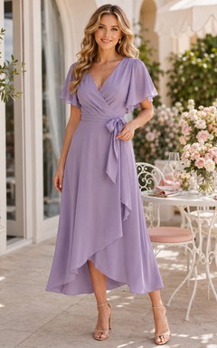 Soft Lavender Wrap Flutter Sleeve Asymmetrical Midi Guest Dress