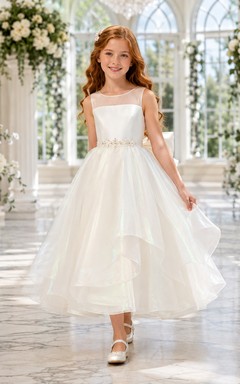 Flower Girl Dress A-Line Cream Satin Tulle Sleeveless Bow Ceremony