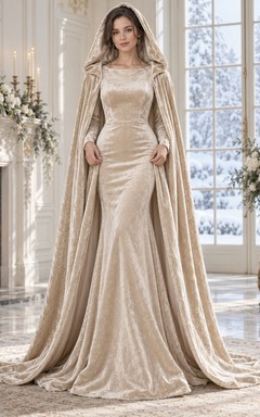 Vestido largo de terciopelo color champán con capucha y capa, ideal para bodas de invierno.