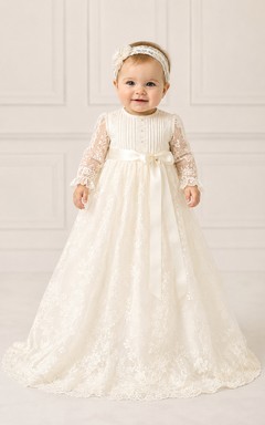 Robe de baptême pour bébé, robe de princesse modeste, manches longues, tulle illusion, dentelle, traîne au sol avec ceinture à nœud, couleur ivoire
