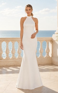 Einfaches, rückenfreies Meerjungfrauen-Brautkleid in Strandlänge mit Neckholder, bodenlang, modern