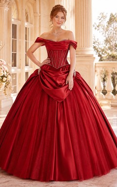 Red Satin Off-the-Shoulder Draped Quinceanera Ball Gown