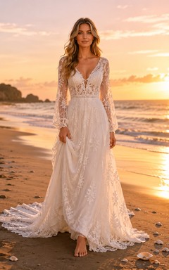 Beach Boho Long Sleeve Lace A-Line Chapel Wedding Dress