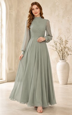 Sage Chiffon High Neck Long Sleeve A-Line Floor-length Modest Formal Gown