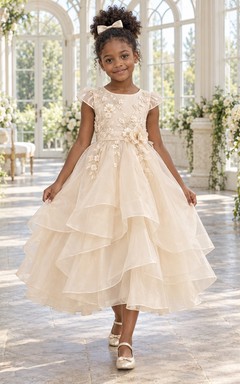 Tea-length Ivory Floral A-line Organza Cap-sleeve Appliqued Layered Flower Girl Dress
